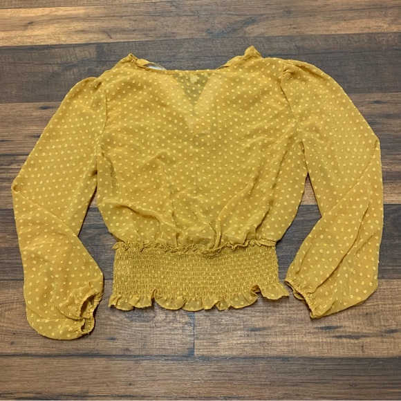 Haute Monde Women’s Mustard V-Neck Balloon Sleeve Smocked Blouse Top Sz L Boho - Picture 4 of 9